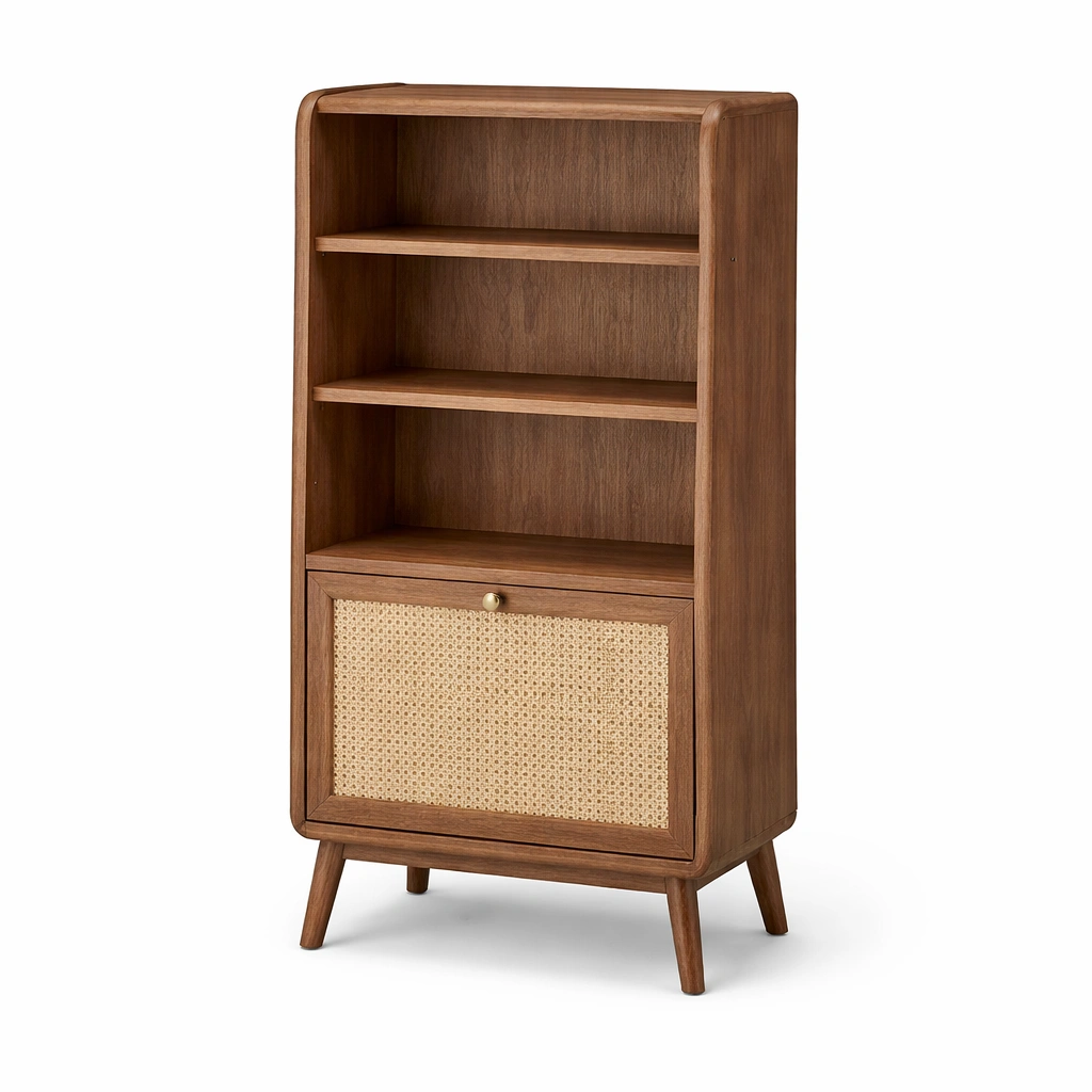 Holzschrank mit Offenen Faechern und Rattanfront im Vintage Stil-srivora